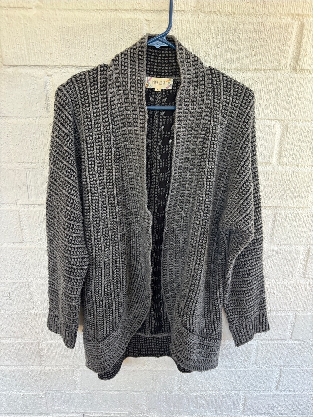 Pink Rose Gray Open-Front Knit Cardigan sz L